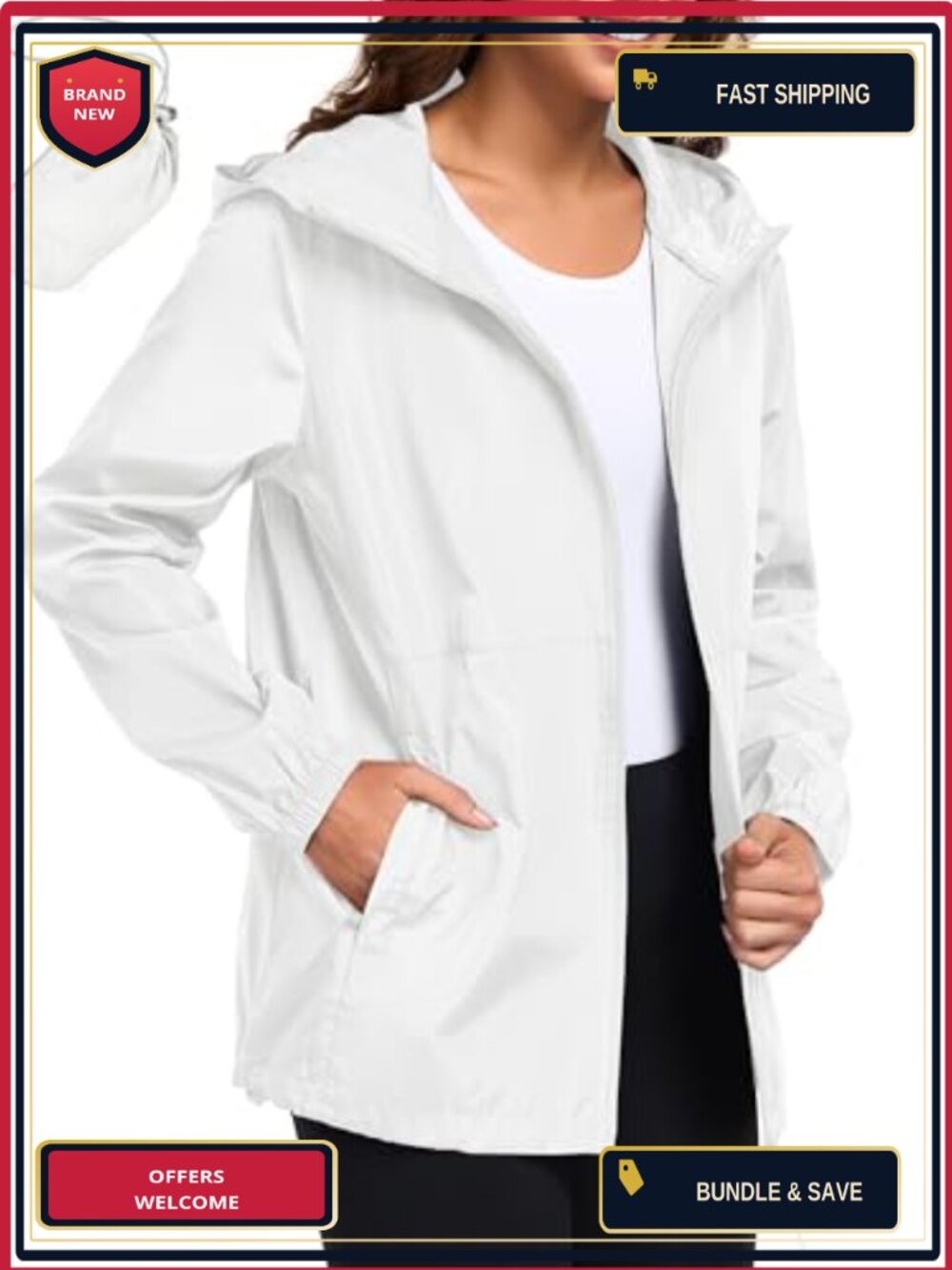 Waterproof Rain Jacket Lightweight Packable Hooded Windbreaker High Neck Long